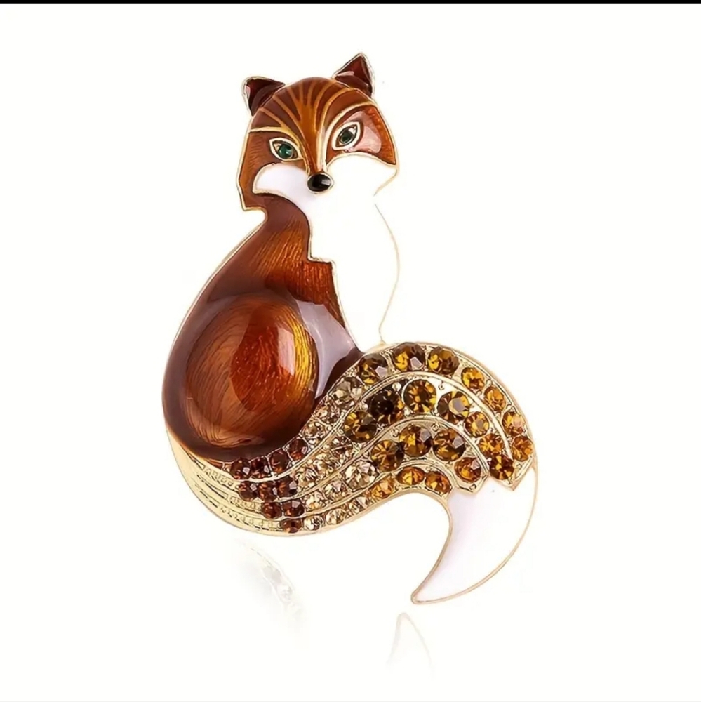 Fashion Jewelry Fox Metal Brooch Pin Rhinestone Bushy Tail Brown